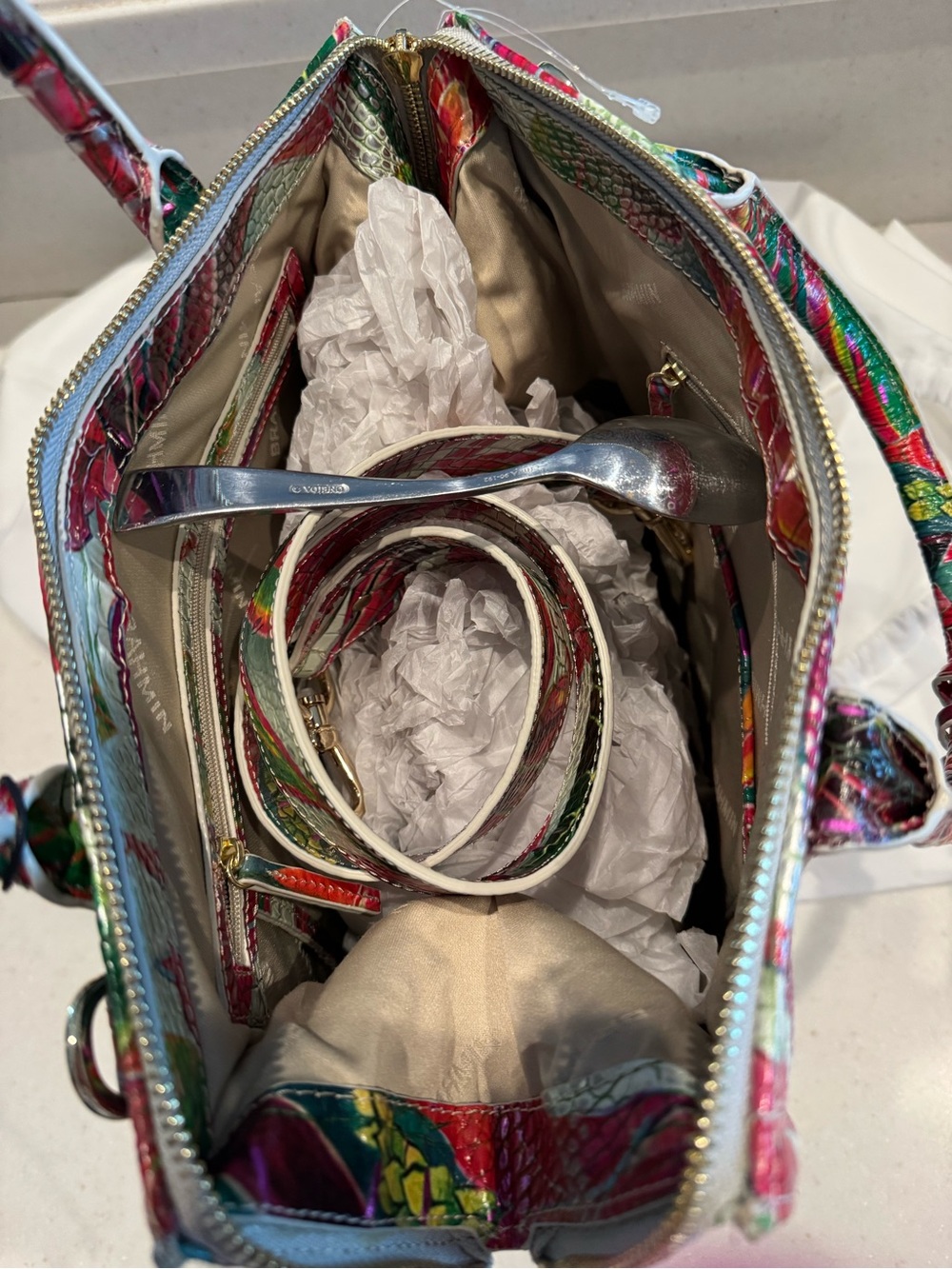 Brahmin Multicolor Floral Embossed Satchel - Pink, Green, Orange - Picture 6 of 6